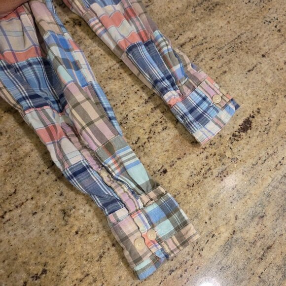 LL Bean Top Womens XS Madras Plaid Roll Tab Patchwork Button Shirt 501589 - Picture 9 of 13